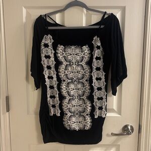 Chic Black Blouse with White Lace Detailing